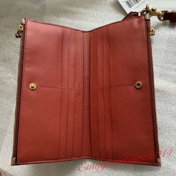NWT Coach CC965 Double Zip In Signature Canvas Tan Rust Clutch Wallet Wristlet - Picture 7 of 8